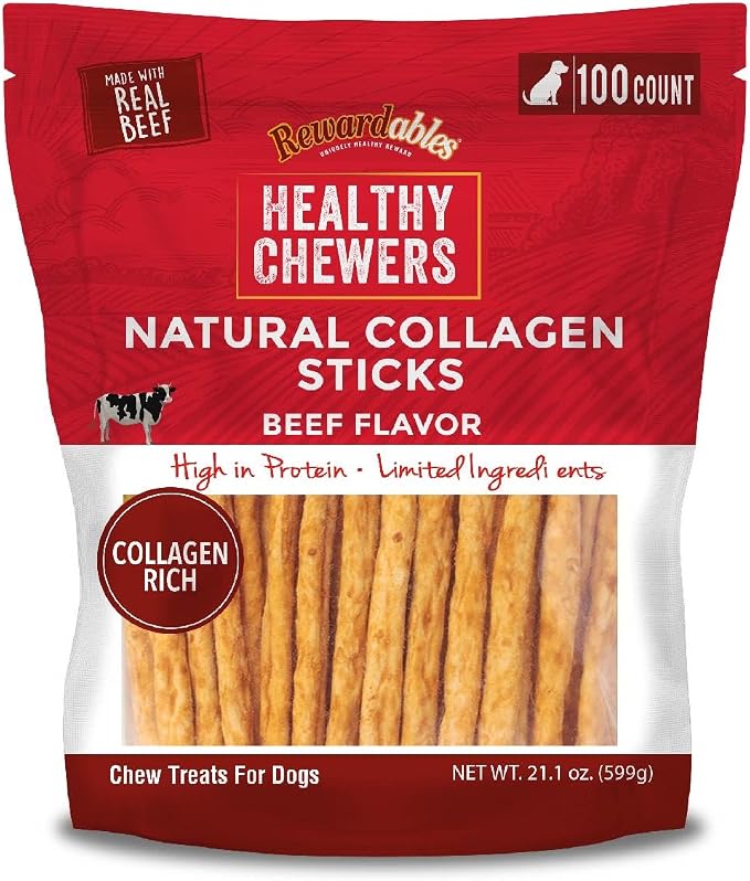 Rewardables | Healthy Chewers | Natural Collagen and Beef Sticks for Dogs | 100 Count | High Protein and Limited Ingredient Dog Chews