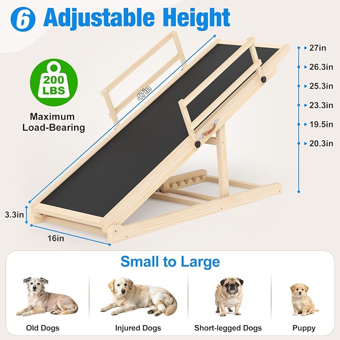Tresbro Dog Ramp for Bed, 47'' Long 20.3''-27'' Adjustable Height Pet Ramp | 6 Adjustable Height, Anti-Slip & Easy Clean Surface, Capacity Up to 200LBS, Easy to Store & Portable, Guardrails for Safety