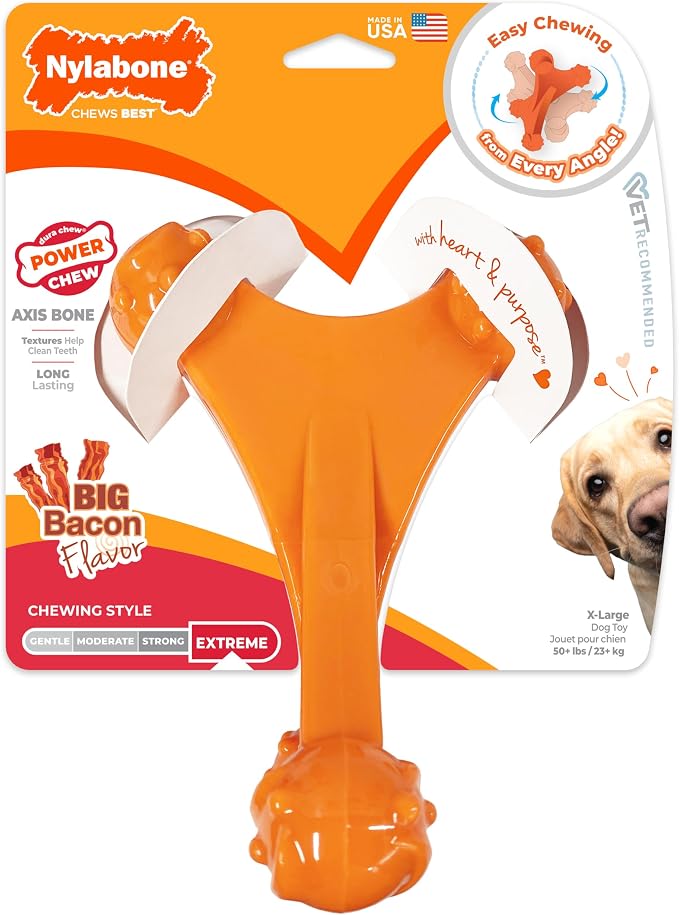 Nylabone Power Chew Axis Bone Chew Toy for Dogs, Dog Toys for Aggressive Chewers, Bacon Flavor, X-Large/Souper - 50+ lbs. (1 Count) | Durable dog toys for aggressive chewers, long lasting, discourages destructive chewing, for dogs 50+ lbs