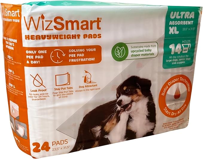 WizSmart Heavyweight Dog Pee Pads for Large Dogs, Puppies, Seniors – Ultra Absorbent, Leak Proof, Odor Control, Quick Dry, XL Training Pads with Stay Put Tabs – 23.5" x 31.5", 14 Cup Capacity