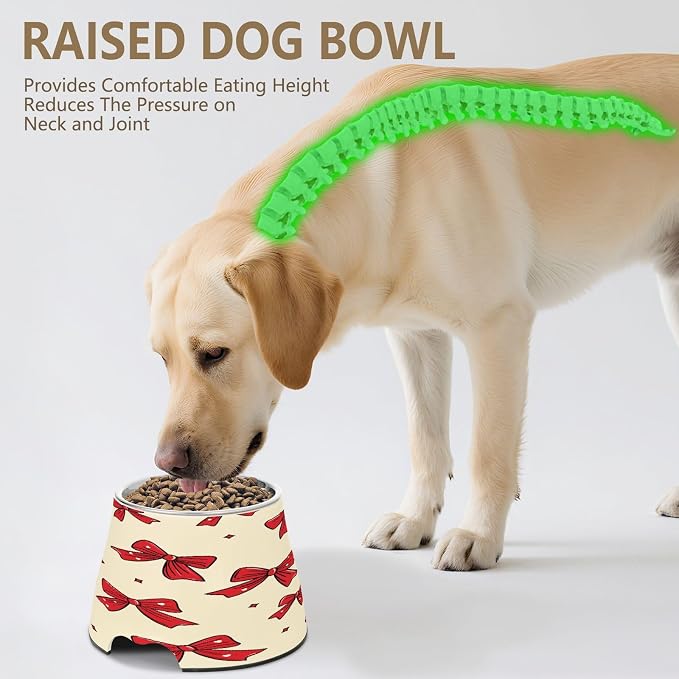 Blueangle Elevated Dog Bowls with Stainless Steel - Non-Slip 2.3 Cup High Capacity Pet Dish for Spinal Health & Red Bows Design（310）