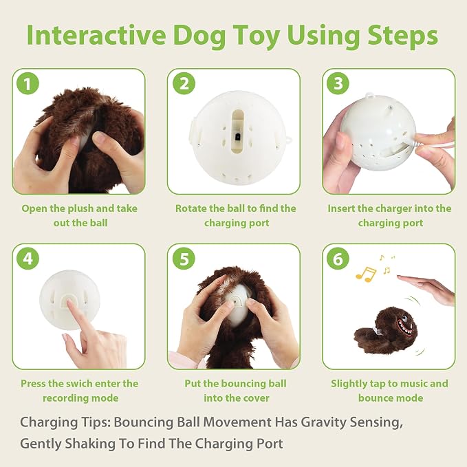 PETGEEK Interactive Dog Toys Ball - Rechargeable, Squeaky Plush Crazy Bouncer Dog Ball with Wiggles & Vibrations, Durable Moving Vibrating Toy for Small, Medium, Large Dogs (6 Inches, Brown)
