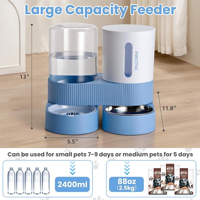 2 Pack Automatic Cat Feeder Stainless Steel Water Dispenser Gravity Food Feeder and Waterer Set with Pet Food Bowl for Small Medium Kitten Puppy Pets Large Capacity(Blue)