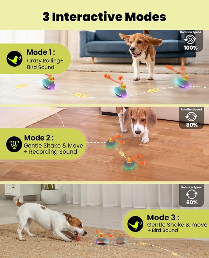 Xeuch Interactive Dog Ball with Rope, Motion Activated Moving Rolling Toy | 3 play modes, voice recording, 7 LED lights, silicone shell, Type-C rechargeable, 4-hour playtime for small and medium dogs