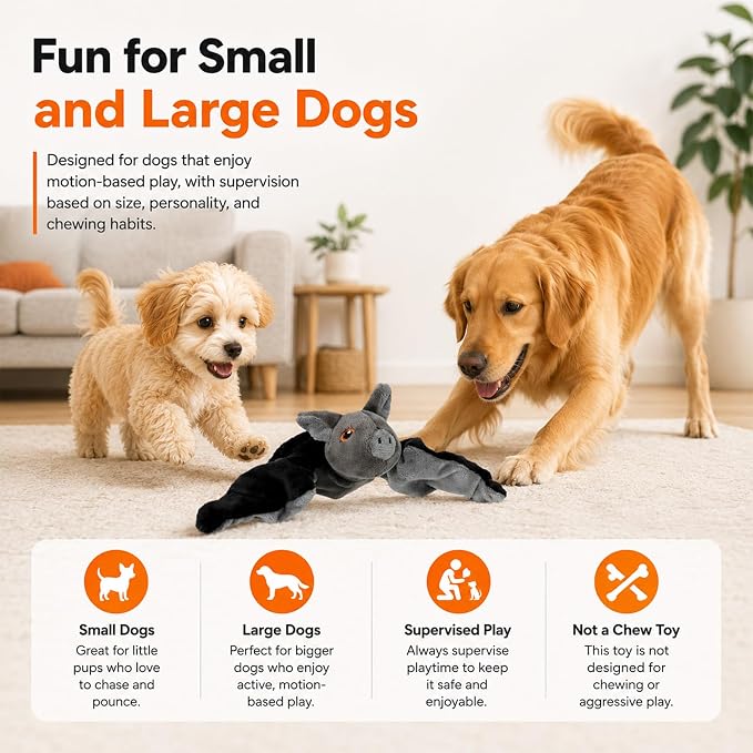 Flying Bat Dog Toy, Battery Operated Interactive Toy for Large Dogs (1PC) | Soft Plush Material, Motion Sensor Activation, Realistic Chirping and Flapping Sounds, USB Rechargeable, Indoor Pet Play