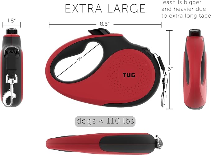 TUG XL Retractable Dog Leash, 26 ft (Extra Large, Red) | 360° Tangle-Free Retraction, 26 ft Tape, Quick Thumb Lock, Anti-Slip Handle, For Dogs Under 110 lbs