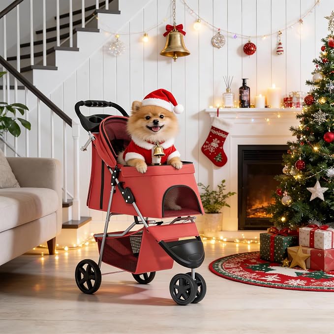 MoNiBloom 3-Wheel Foldable Pet Stroller - Red, up to 33lbs