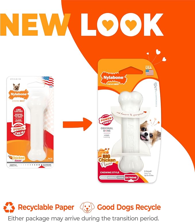 Nylabone Power Chew Classic Bone Chew Toy for Dogs, Durable Dog Toys for Aggressive Chewers, Chicken Flavor, X-Small/Petite - Up to 15 lbs. (1 Count) | Durable, discourages destructive chewing, long lasting, flavor throughout, keeps dogs busy, for dogs...