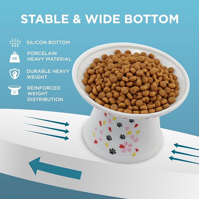 Necoichi Raised Cat Food Bowl – Ceramic Elevated Cat Bowl for Whisker & Neck Fatigue, Dishwasher Microwave Safe – Non-Slip & Anti Vomiting Ergonomic Design (Sakura Floral, Extra Wide, 2-Cups Capacity)