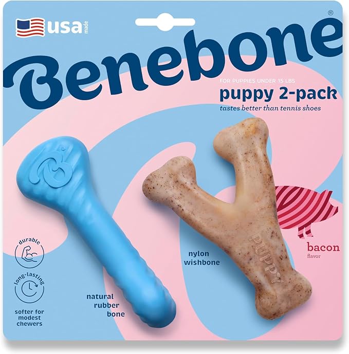 Benebone Puppy 2-Pack Rubber Bone/Wishbone Bacon Tiny | Dog Bones, Puppy Teething Toys, Puppy Toys, Long-Lasting