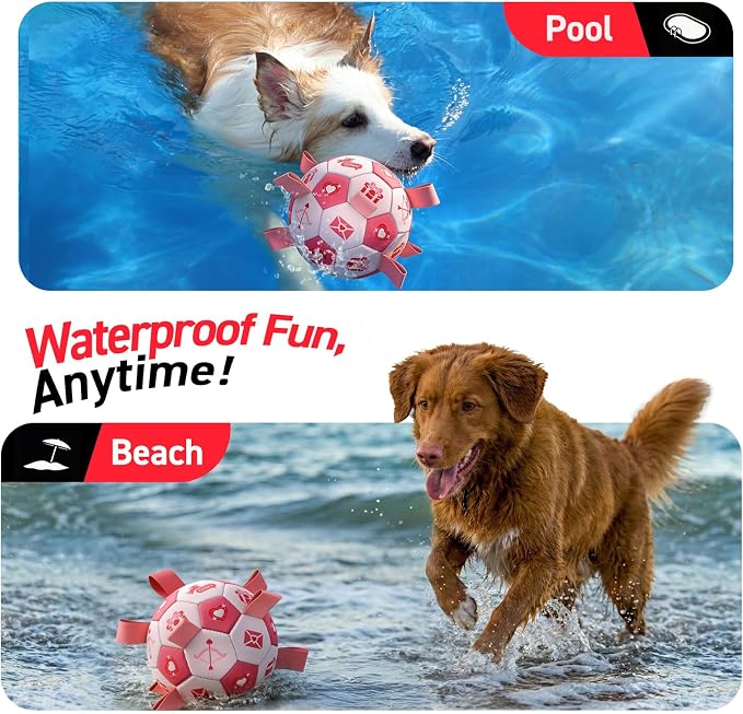 QDAN Dog Birthday Toys, Pink Soccer Ball with Straps, Interactive Tug of War Toy, Puppy Birthday Gifts, Water Toy, Durable Dog Balls for Medium Large (8 Inch)