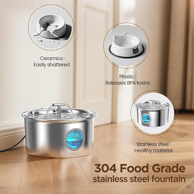 Cat Water Fountain Stainless Steel: Cat Fountain for Drinking with Filter - Pet Water Fountain for Cats Indoor - Automatic Pet Water Dispenser Bowl - 6 Carbon Filters & 3 Foam Filters