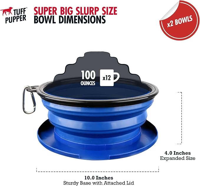 Tuff Pupper SuperBigSlurp Collapsible Dog Bowls, Two Pack, Blue, 100oz