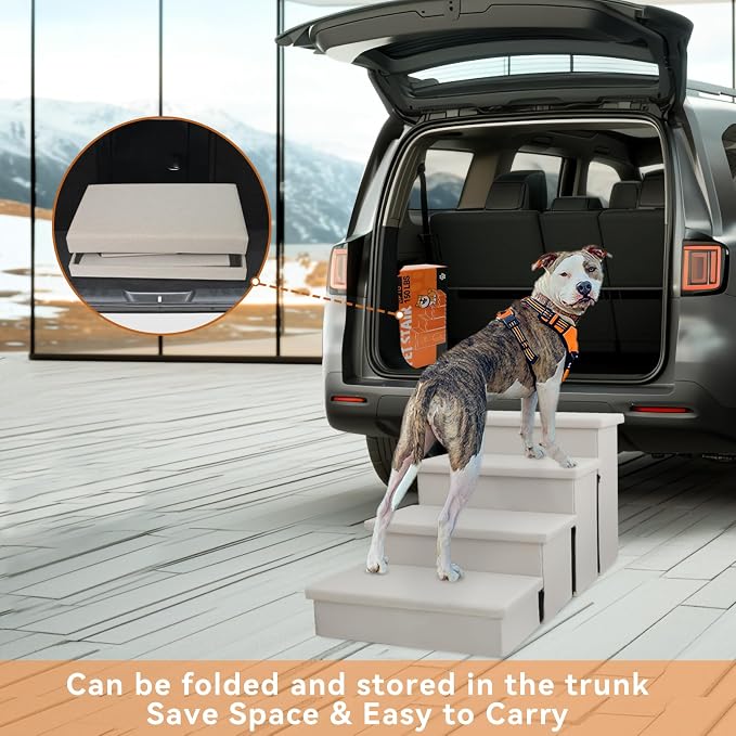 Zerbuger Dog Stairs with Condo 23" H, 4-Step Wider Folding Storage Pet Stairs Gift for Small/Medium/Large Old Dogs Cats, Dog Steps for High Beds Window, Ramp for Climbing Car Up to 200 lbs, Beige