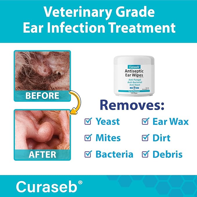 Curaseb Cat & Dog Ear Infection Treatment Wipes, 100 Count