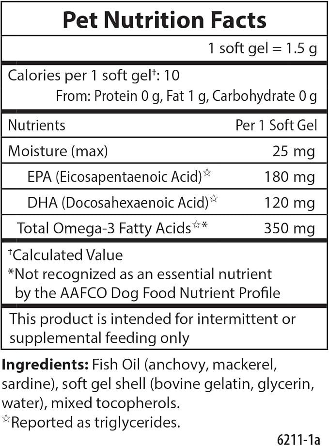 Carlson Omega-3 Fish Oil Soft Gels for Dogs, Supports Skin & Coat, Joint & Heart Health, Dog Supplement, 120 Soft Gels