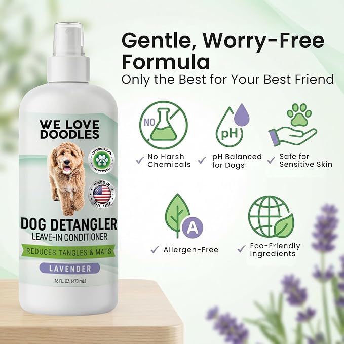 Dog Detangler Spray, Leave-in Conditioner Spray for Dogs, Lavender, 16 OZ | Best Detangling & Dematting Spray for Dogs, Tangled & Matted Hair Remover for Goldendoodles, Doodles & Poodles, Made in USA