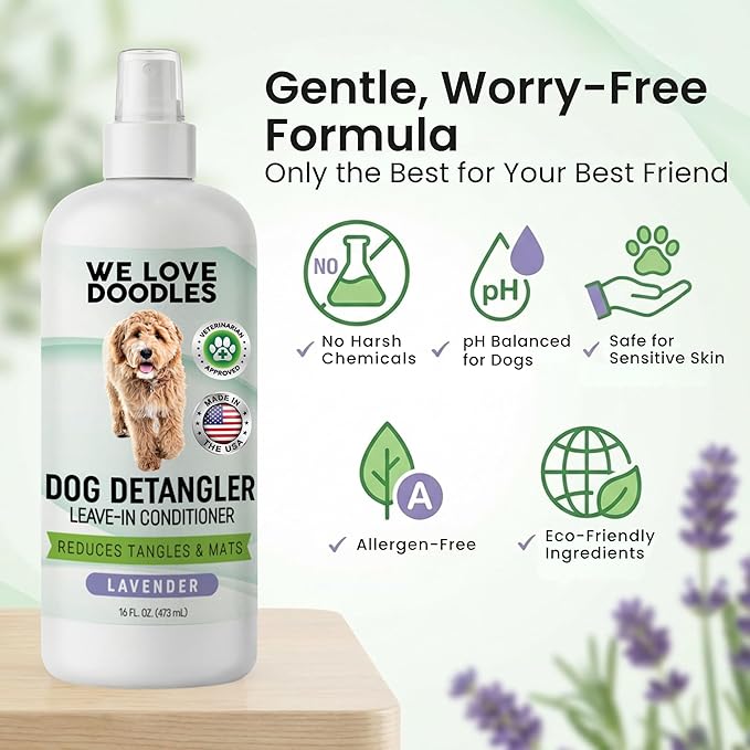 Dog Shampoo & Dog Detangler Spray, Dog Bath Supplies Tearless Lavender 16oz | Best Shampoo, Detangling & Dematting Spray for Dogs, For Sensitive Itchy Skin, Tangle Remover, Goldendoodle, Poodle & Doodle