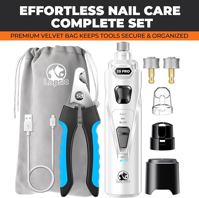 Whisper Quiet Dog Nail Grinder with 4 LED Lights, 3-Speed, White