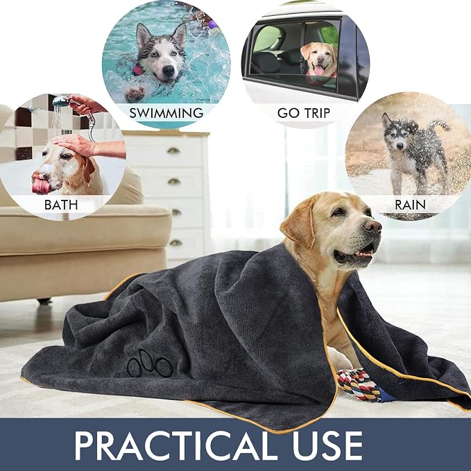 KinHwa Super Absorbent Microfiber Bath Towel for Dogs and Cats - 30 x 50 Inch, Dark-Gray, Suitable for Small, Medium, Large Pets