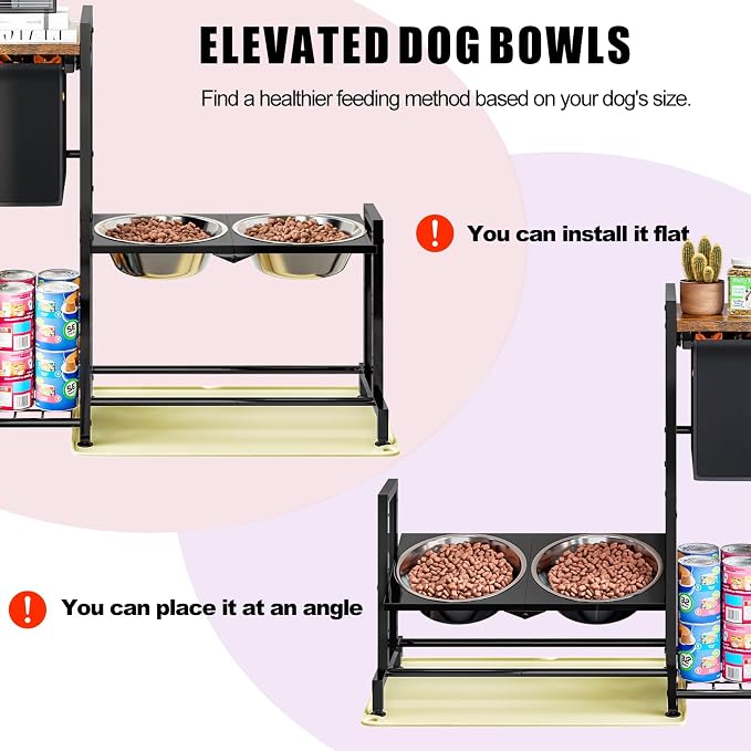 Elevated Dog Bowl Stand with Toy Basket Adjustable Metal Feeding Station Cabinet with Non-Slip Silicone Mat Pet Storage Organizer for Large Medium Small Dogs and Cats Black Include 2 Dog Bowl