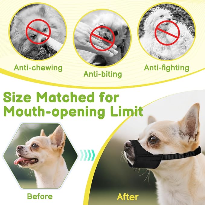 Fabric Short Snout Dog Muzzle for Small Dogs Anti Fierce Biting | Fits Chihuahua Shih Tzu Pomeranian Yorkshire Brachycephalic Dogs, Grooming Vet Visits Use, Allow to Drink, Soft | Black, XXS