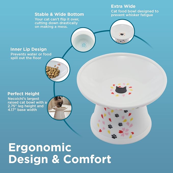 Necoichi Raised Cat Food Bowl – Ceramic Elevated Cat Bowl for Whisker & Neck Fatigue, Dishwasher Microwave Safe – Non-Slip & Anti Vomiting Ergonomic Design (Sakura Floral, Extra Wide, 2-Cups Capacity)