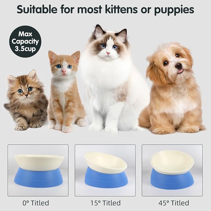 Bulldog Bowl Anti-Slip Dog Cat Dish Detachable Rubber Dog Bowl Pet Sterile Tilted Pet Feeder Slope Base (Blue, 3.5 Cup (Medium/Large Dog))