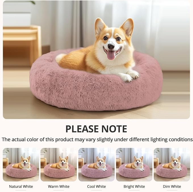 JOLLYVOGUE 31" Calming Donut Dog Bed, Dark Pink