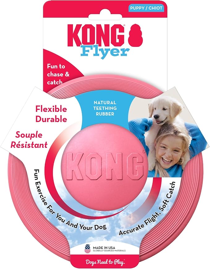 KONG Puppy Flyer, Soft Rubber Flying Disc Toy, for Small Puppies, Pink | Soft Gentle Rubber Flying Disc Made for Growing Puppies, Great for Easy Fetch & Active Outdoor Playtime