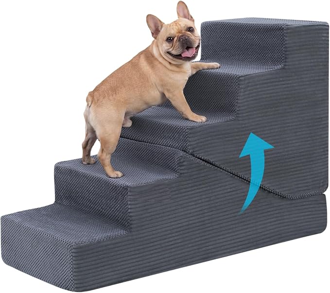 Dog Ramp for Bed Couch, 25.6" H Dog Stairs for Small Dogs, 2 in 1 Transformable 5-Step Pet Steps for Bed, Foldable Cats Ramp to Get on Bed, Non-Slip Balanced, Grey