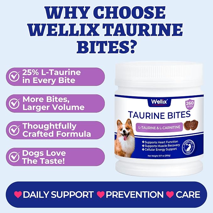 Wellix 25% Taurine for Dogs, with High-Strength CoQ10, L-Carnitine - 9.17oz | 500mg Taurine + 200 mg L-Carnitine | Healthy Heart Supplements for Heart Muscle Function & Cardiovascular Health
