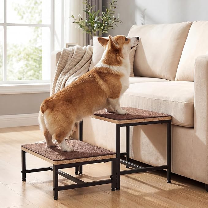 Veehoo Dog Steps for Couch Bed with Metal Frame, 2 Step 12" H Small Stairs for Dogs to Get on Bed with Non Slip Rug Surface, Wooden Portable Doggie Stairs Puppy Steps Doggy Ramp Pet Ladder 16" W