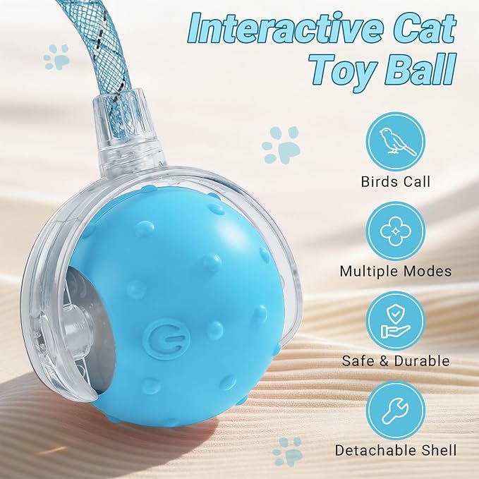 Interactive Automatic Cat Toy Ball-USB Rechargeable，Motion Activated Toy | Interactive Mode, 2 Speeds Mode, 2 Tails, Long Battery Life, Chirping, for Indoor Cats, Kitten, Works on Floor Tile Carpets