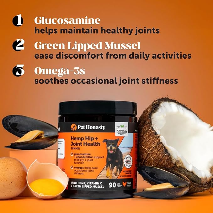 Pet Honesty Vet Recommended Hip and Joint Supplement for Dogs, 90 Count | Advanced strength dog joint supplement with glucosamine chondroitin, peanut butter & hemp, supports mobility, eases stiffness