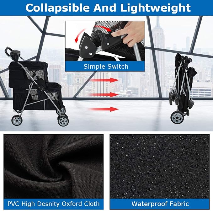 BestPet 4-Wheel Foldable Pet Stroller - Black, Fits 2 Pets