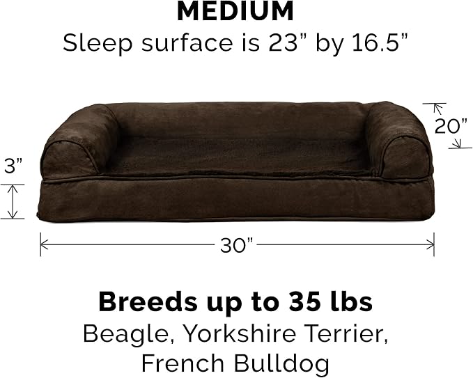 Furhaven Memory Foam Dog Bed for Medium/Small Dogs w/ Removable Bolsters & Washable Cover, For Dogs Up to 35 lbs - Plush & Suede Sofa - Espresso, Medium