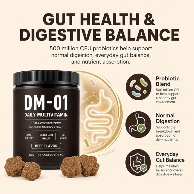 DM-01 Daily Multivitamin Itch Relief for Dogs, 12-in-1 Soft Chews with Glucosamine, MSM, Probiotics, Salmon Oil & Vitamins, Joint & Gut Support, Every Dog is Family, Loved by Humans, Beef, 60 Count