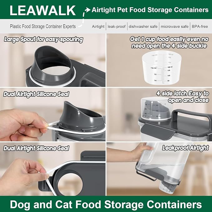 LEAWALK 5Lbs /6Qt/5l Airtight Cat Dog Food Storage With Upgraded Large Nozzle BPA-Free, 2-Pack, 5Lbs, Dark Gray
