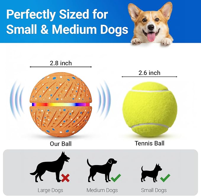 Interactive Dog Ball Toy, Automatic Rolling & Bouncing, LED, Orange | 2.8-Inch Ball, Small & Medium Dogs, 2-in-1 Fetch Toy, Home Alone Play, Reduces Boredom, USB-C Rechargeable, Up to 3 Hours