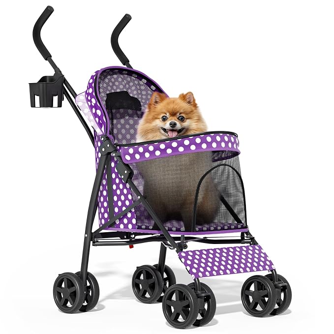 MoNiBloom 4-Wheel Foldable Pet Stroller - Purple Polka Dots