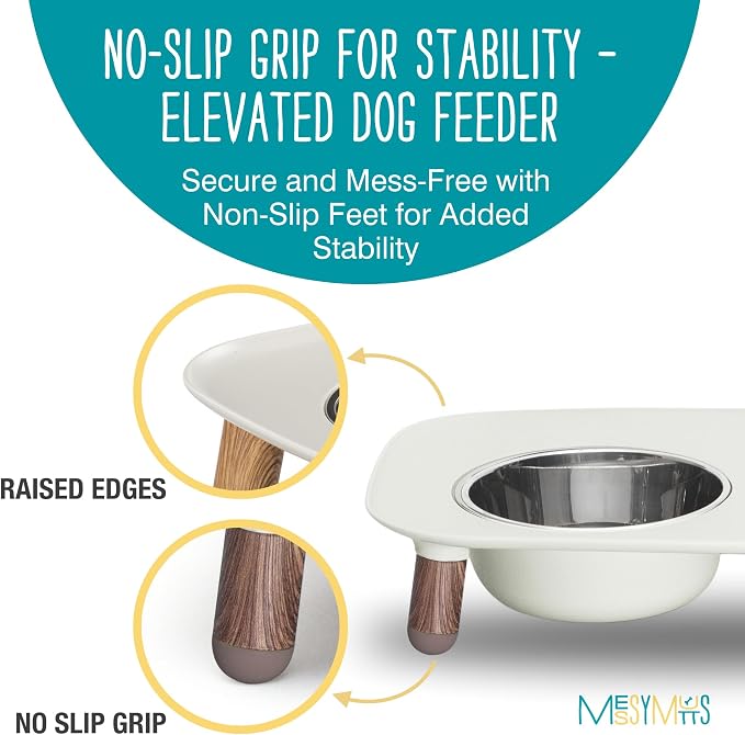 Messy Mutts Elevated Double Dog Feeder, Adjustable Height, Faux Wood | Adjustable-Height Elevated Double Dog Feeder With Two 5 Cup Stainless Bowls, Legs Set To 3, 5, Or 10 Inches