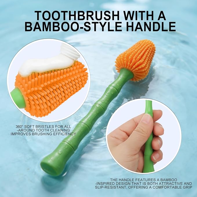 HOP Dog Toothbrush Orange 360° Soft Silicone Bristles Dog Toothbrush Full-Angle Dental Cleaning Green Bamboo-Shaped Long Handle Pet Dental Care for Dogs 6.89in/17.5cm