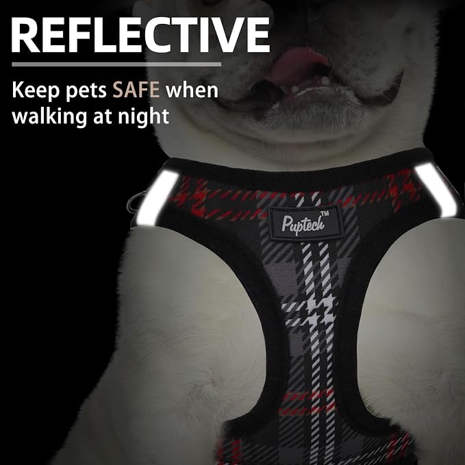 PUPTECK Dog Harness and Leash Set for Small Medium Dogs No Pull Step-in Soft Mesh Puppy Cat Vest Harnesses Reflective at Night, Plaid Pattern Black S