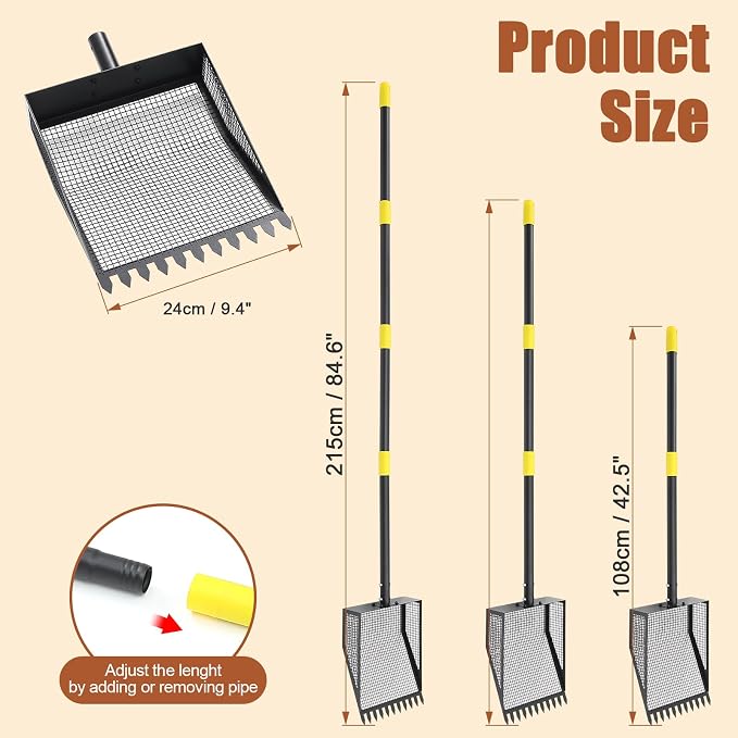 Ihomepark Chicken Poop Scooper & Rake, 42-84" Adjustable Chicken Coop Shovel, 2-in-1 Heavy Duty Iron Sand Sifting Litter Rake for Chicken Coop, Goat, Cat Litter & Barn Yard Waste