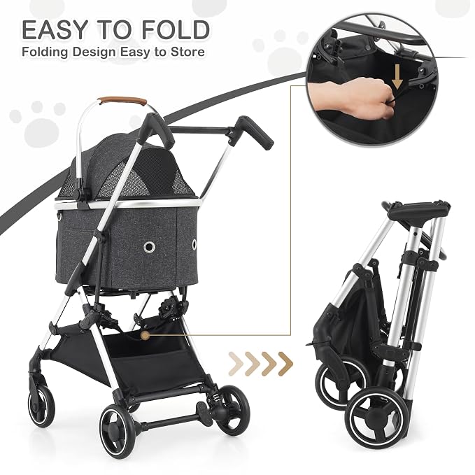 MoNiBloom Folding Jogger Pet Stroller - Dark Gray, Detachable Carrier