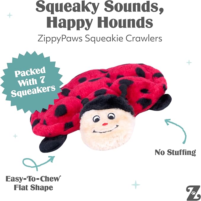 ZippyPaws Squeakie Crawlers for Small, Medium, & Large Dogs - 2 Pack, 10" | No Stuffing Dog Toys to Keep Them Busy, Squeaky Pet Toy for Boredom, Unstuffed Chew Toy, Puppy Products, Turtle & Ladybug