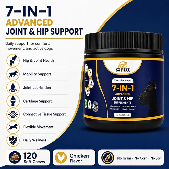 7-in-1 Dog Hip & Joint Supplement with Glucosamine, Chondroitin, MSM, Turmeric, Omega-3, Green Lipped Mussel, 120 Soft Chews