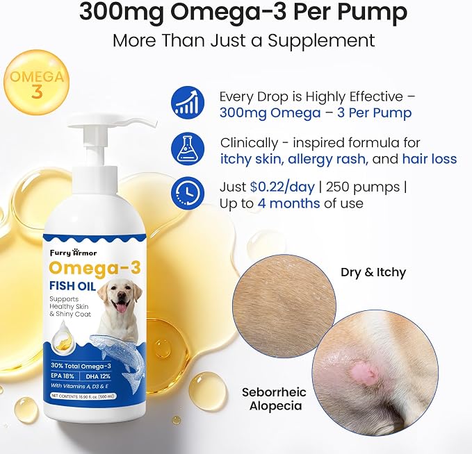Omega 3 Fish Oil for Dogs & Cats, 300mg EPA+DHA, 16.9 oz
