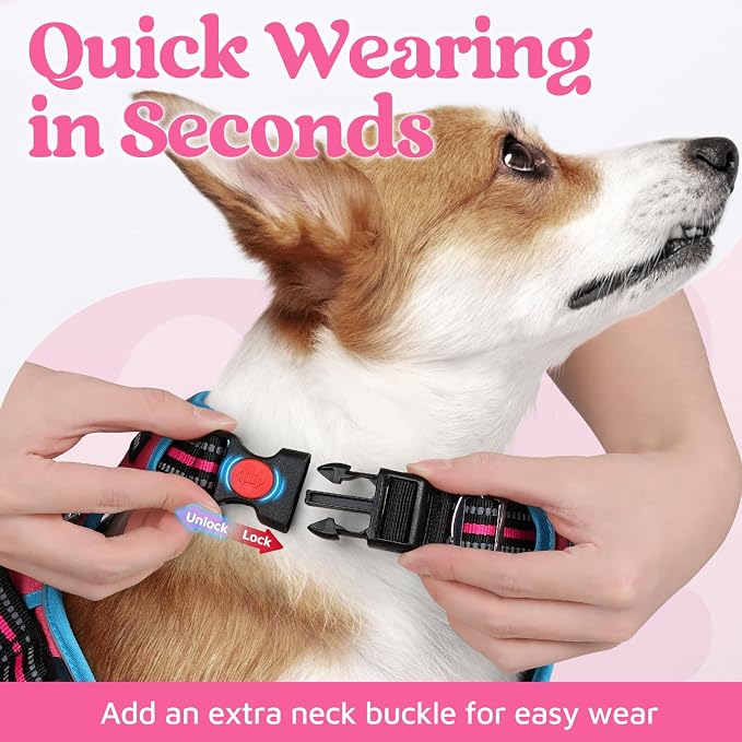 rabbitgoo Dog Harness for Large, No Pull 3 Buckles Easy On & Off | Soft Padded, Walking with Control Handle, Adjustable and Reflective, Pink & Blue, X-Large